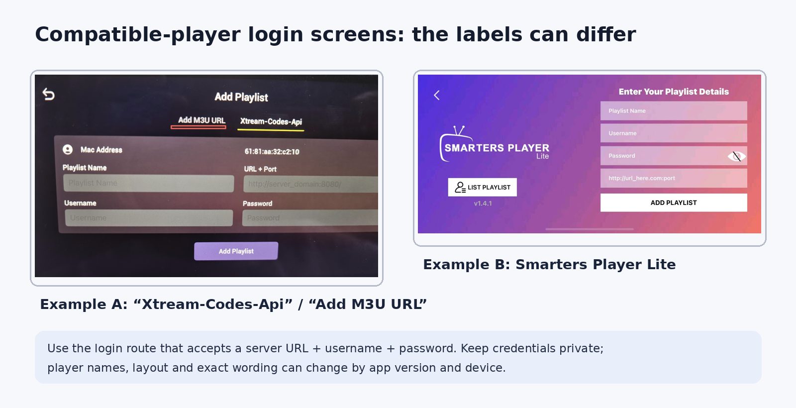 Examples of compatible players commonly used for M3U or Xtream Codes API setup on TVs, phones and other devices.